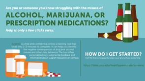 Contact Health Promotion and Wellness for help with alcohol and other prescription medications. Alcohol bottles and prescription pills with text "Contact Health Promotion and Wellness for help with alcohol and prescription drugs."