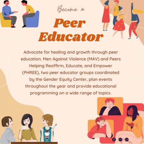 Groups of animated people surrounding the words: "Become a Peer Educator. Advocate for healing and growth through peer education. Men Against Violence (MAV) and Peers Helping Reaffirm, Educate, and Empower (PHREE), two peer educator groups coordinated by the Gender Equity Center, plan events throughout the year and provide educational programming on a wide range of topics.