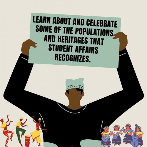 Graphic representation of an African American person holding a sign reading "Learn about and celebrate some of the populations and heritages that student affairs recognizes.