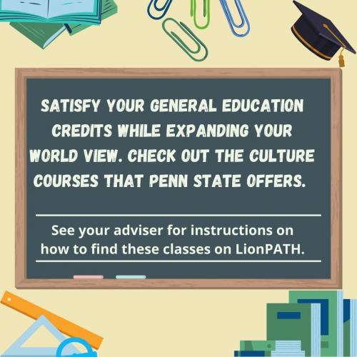 Text on a clipart backboard reading "Satisfy your general education credits while expanding your world view. Check out the culture courses that Penn State offers."