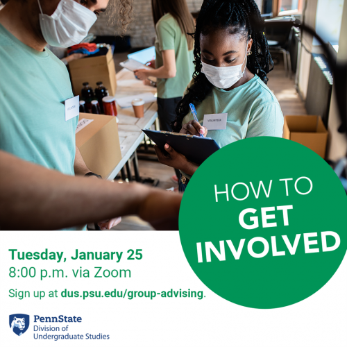 A student volunteer is writing on a clipboard. Student volunteers are collecting donations. Students are wearing face masks. Informative text stating that the event titled "How to Get Involved" will be held on Tuesday, January 25 at 8:00 p.m. via Zoom. 
