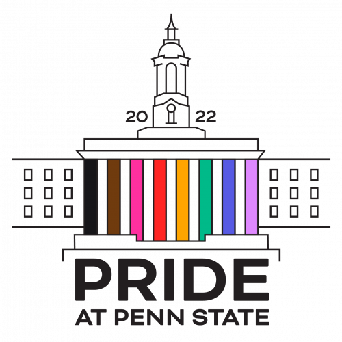 Line drawing of Old Main with the building columns in rainbow colors.