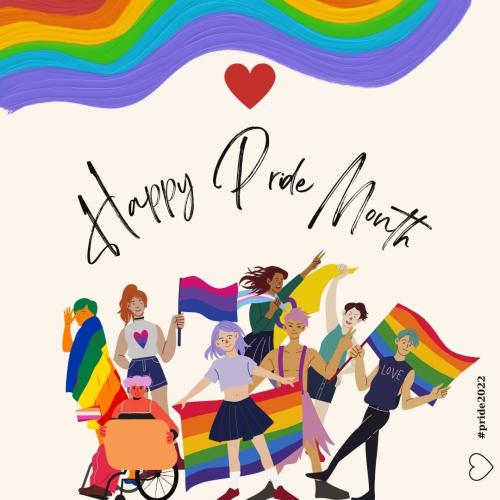 Illustration of people standing and sitting with LGBTQ plus flags with text above them that says Happy Pride Month and a colorful rainbow waves at the top.