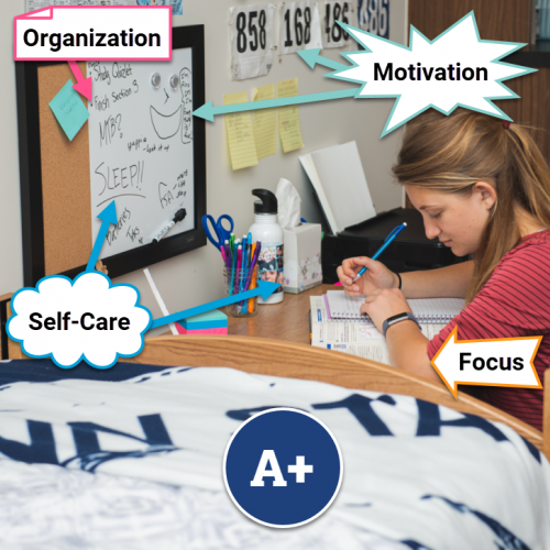 A student studies at a desk in their dorm room. Word bubbles call out parts of the space that are set up for success. A to-do list on the whiteboard is great for "Organization." Tissues, a water bottle, and a large written reminder to "Sleep!" encourage "Self-care." Race bibs hung on the wall and a whiteboard drawing of a smiley face with googly eyes help with "Motivation." A textbook and notebook in front of the student let them "Focus." This study space gets a solid A+!