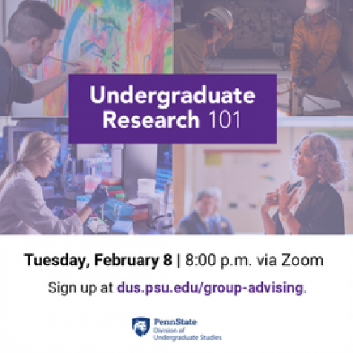 Undergraduate Research 101: Tuesday, February 8, 8:00 p.m. via Zoom. Sign up at dus.psu.edu/group-advising
